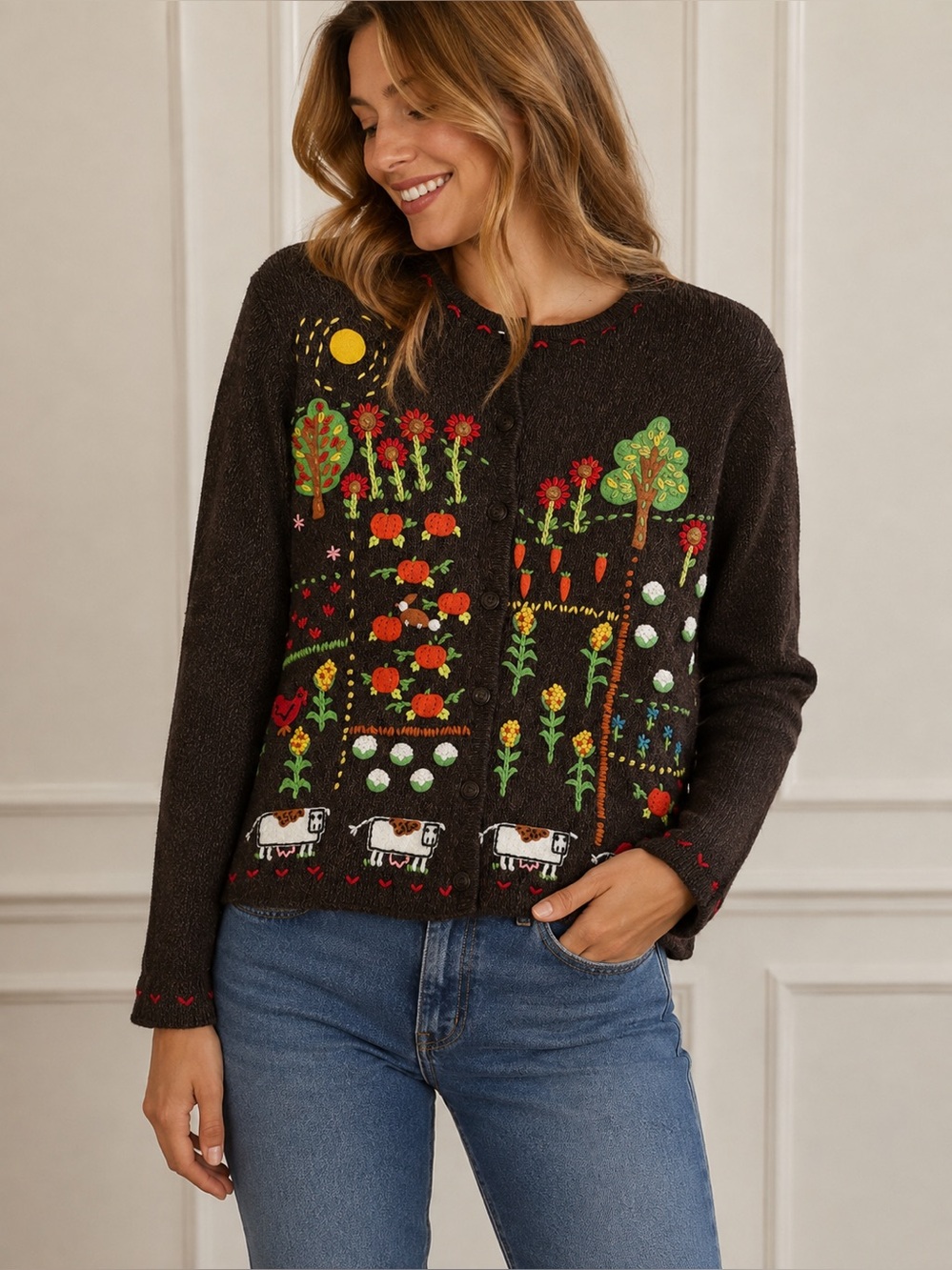 Vintage Susan Bristol brown hand-embroidered harvest cardigan